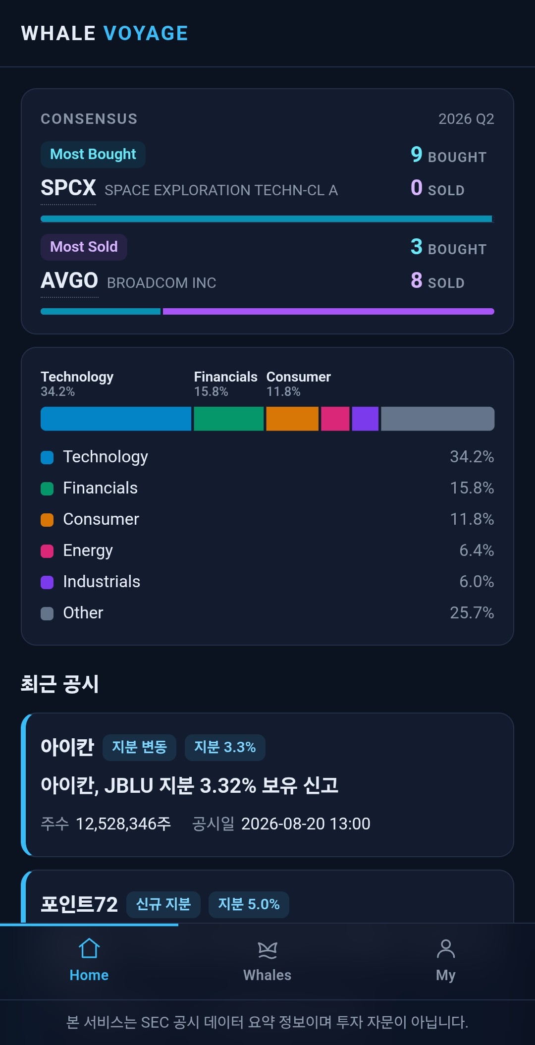 WhaleVoyage 홈 화면